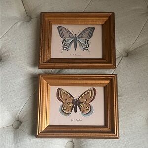 Vintage Pair Le P. Butterfly Art in Gold Black Speckle Frames Glass